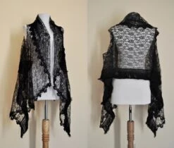 Black Lace Fringe Curved Vest/Scarf, Shawl, Goth, Glamour, Steampunk, Boho, Bohemian, Gypsy, Halloween, Thanksgiving Christmas, Size: S -XXL