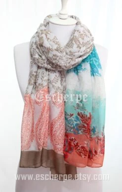 Floral Paisley Print Boho Beige Aqua Woman Scarf Spring Summer Womens Fashion Accessories Christmas Gift Ideas For Her Mom Girlfriend