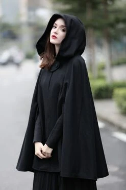 Black Hooded Wool Coat ,wool Cloak Cape, Women Wool Winter Coat Long Jacket, Christmas Gift Coat, Black Wool Coat Cape Cloak