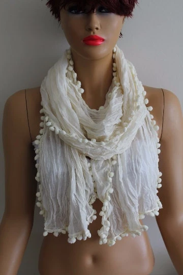 Off White Pompom Scarf Shawl Gift Scarf Women Gift Shawl Girlfriend Gift Mom Gift Boho Scarf Christmas Gift 3 Off White Pompom Scarf Shawl Gift Scarf Women Gift Shawl Girlfriend Gift Mom Gift Boho Scarf Christmas Gift