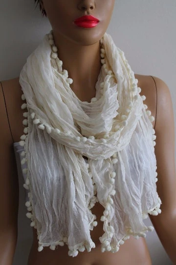Off White Pompom Scarf Shawl Gift Scarf Women Gift Shawl Girlfriend Gift Mom Gift Boho Scarf Christmas Gift 5 Off White Pompom Scarf Shawl Gift Scarf Women Gift Shawl Girlfriend Gift Mom Gift Boho Scarf Christmas Gift - Image 3