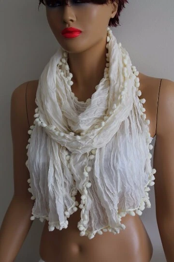 Off White Pompom Scarf Shawl Gift Scarf Women Gift Shawl Girlfriend Gift Mom Gift Boho Scarf Christmas Gift 6 Off White Pompom Scarf Shawl Gift Scarf Women Gift Shawl Girlfriend Gift Mom Gift Boho Scarf Christmas Gift - Image 4