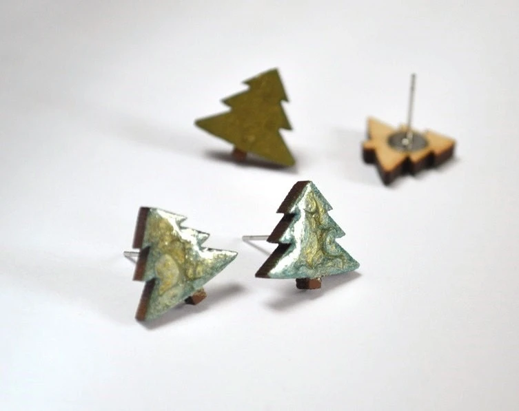 Christmas Earrings Woodland Jewelry Handmade Stud Earrings Green Holiday Earrings Christmas Gift Ideas Xmas Tree Christmas Jewelry Wood Art 5 Christmas Earrings Woodland Jewelry Handmade Stud Earrings Green Holiday Earrings Christmas Gift Ideas Xmas Tree Christmas Jewelry Wood Art - Image 3