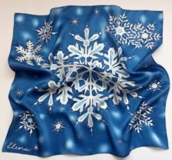 Small Blue Square Silk Scarf Handpainted, Christmas Gift For Her, Hand Crafted Scarves, Gift For Women, Snowflake Scarf