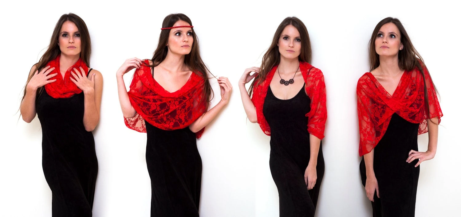 ON SALE- Red Shawl With 4 Wearing Ways- Shawl, Shrug, Crisscross Or Scarf. Christmas Gift For Mom, Lace Infinity Shawl Cover Up 6 ON SALE- Red Shawl With 4 Wearing Ways- Shawl, Shrug, Crisscross Or Scarf. Christmas Gift For Mom, Lace Infinity Shawl Cover Up - Image 4