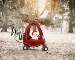 Holiday Christmas Tree Little Car Children's Portrait Outside For Photographers - Snow Forest Woods Digital Backdrop - PNG Layer