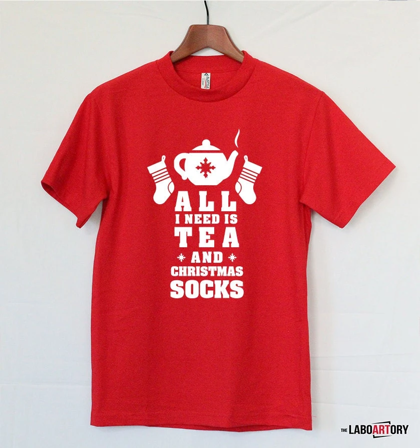 All I Need Is Tea And Christmas Socks - Funny Christmas T-shirt - Best Christmas Gift - Unisex Happy Christmas Tee - Cool Winter Present 4 All I Need Is Tea And Christmas Socks - Funny Christmas T-shirt - Best Christmas Gift - Unisex Happy Christmas Tee - Cool Winter Present - Image 2