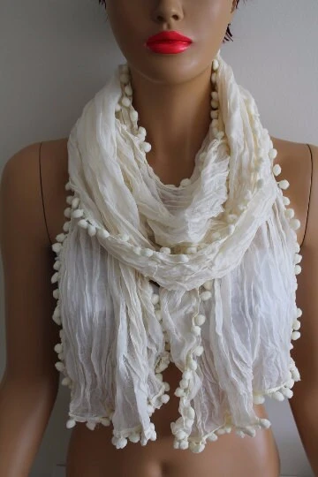 Off White Pompom Scarf Shawl Gift Scarf Women Gift Shawl Girlfriend Gift Mom Gift Boho Scarf Christmas Gift 4 Off White Pompom Scarf Shawl Gift Scarf Women Gift Shawl Girlfriend Gift Mom Gift Boho Scarf Christmas Gift - Image 2