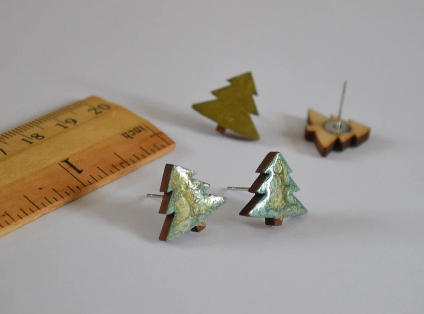 Christmas Earrings Woodland Jewelry Handmade Stud Earrings Green Holiday Earrings Christmas Gift Ideas Xmas Tree Christmas Jewelry Wood Art 6 Christmas Earrings Woodland Jewelry Handmade Stud Earrings Green Holiday Earrings Christmas Gift Ideas Xmas Tree Christmas Jewelry Wood Art - Image 4