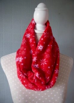 Pink White Fleece Snood, Cowl, Neck Warmer, White Snowflakes, Christmas Gift