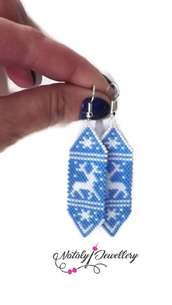 Deer Snowflake Earrings White Blue Earrings Blue White Jewelry Winter Beaded Christmas Jewelry Christmas Gift Beadwork Сhristmas Earrings 4 Deer Snowflake Earrings White Blue Earrings Blue White Jewelry Winter Beaded Christmas Jewelry Christmas Gift Beadwork Сhristmas Earrings - Image 2