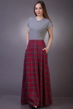 Red Plaid Skirt With Pockets. Long Tartan Skirt Women. Christmas Outfit Women Floor Length