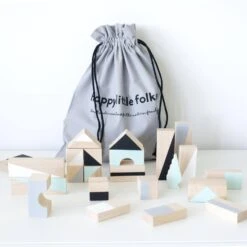 Wooden Blocks In Mint & Monochrome Colours Packed In Cotton Bag - Building Blocks - Gift Kids - First Birthday Gift - Christmas Baby Gift
