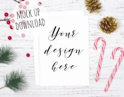 Christmas Card Mockup Photo, Christmas Styled Stock Photography, Christmas Invitation Mock Up Image, Card Mockup Styled With Candy Canes