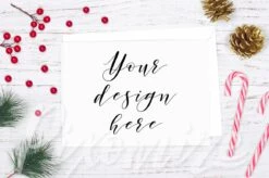 Horizontal Christmas Card Mockup, Landscape Card Mock Up, Styled Mockup Photo With Christmas Props, Winter Card Stock Photo, Winter Flatlay