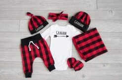 Baby Boy Coming Home Outfit, Christmas: CHOOSE YOUR COMBO Personalized Name Bodysuit, Buffalo Plaid Harem Pants, Slouchy Hat, Swaddle, Mitts