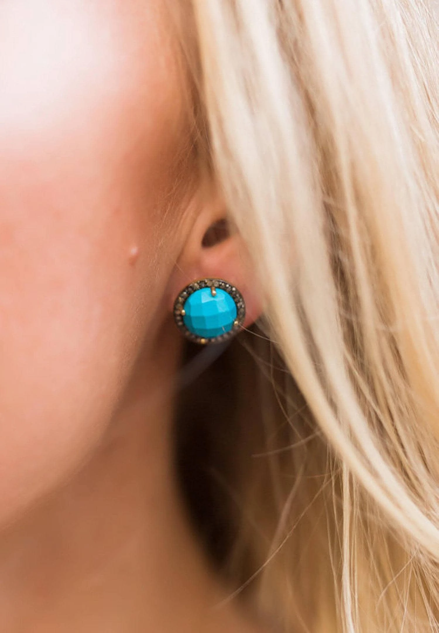 Genuine Pave Diamond Round Gemstone Stud Earrings*Large Turquoise/Moonstone/Aqua Chalcedony/Ruby*Gift Idea Holiday*Christmas*Unisex 4 Genuine Pave Diamond Round Gemstone Stud Earrings*Large Turquoise/Moonstone/Aqua Chalcedony/Ruby*Gift Idea Holiday*Christmas*Unisex - Image 2