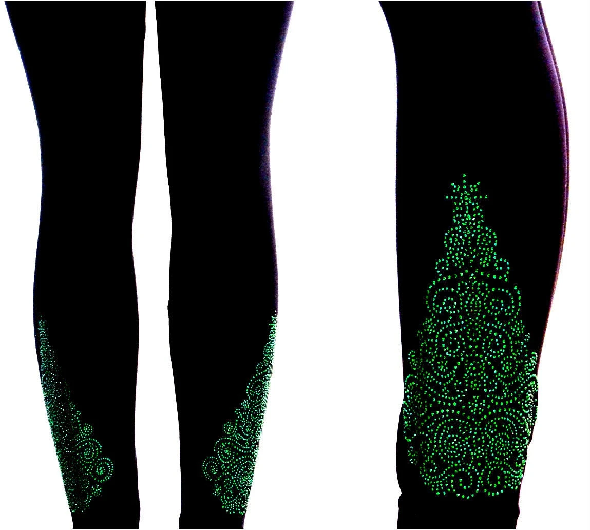 Regular Size Full Length Leggings Embellished All Rhinestone Iridescent, Red Or Green Paisley Christmas Tree Design 5 Regular Size Full Length Leggings Embellished All Rhinestone Iridescent, Red Or Green Paisley Christmas Tree Design - Image 3