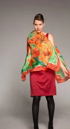 Christmas Gift For Women, Floral Hand Painted Silk Scarf In Green & Red
