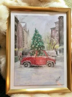 Christmas Gift Idea! Christmas Tree On Red Car Watercolor Mixed Media Painting 10x14" ***PRINTS***
