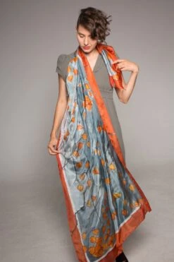 100 % Silk Scarf Winter Cherry | Designer Scarf | Fall Wedding | Christmas Gift For Artistic Lady | Unique Scarf Painted | Chinese Lantern