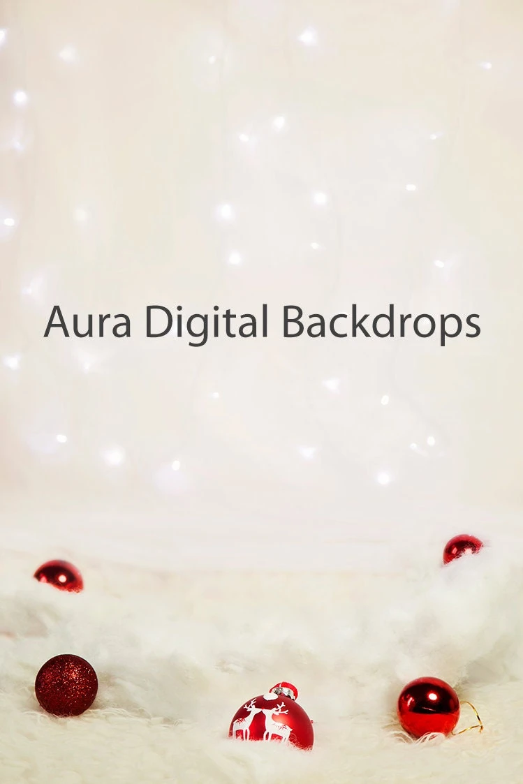Sitter Christmas Digital Backdrop, Fairy Lights Background, With White Fluffy Wool And Red Baubles. 3 Sitter Christmas Digital Backdrop, Fairy Lights Background, With White Fluffy Wool And Red Baubles.
