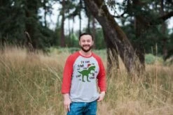 Dinosaur Christmas Shirt - Funny Men's Christmas Shirt - Men's Baseball Tee - Red Raglan Shirt - T Rex Christmas Shirt - Funny Dinosaur Top
