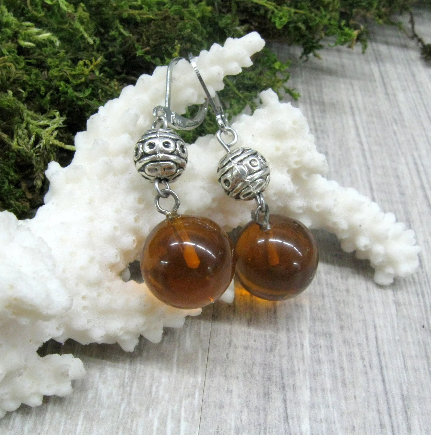 Natural Baltic Amber Round Drop Earrings, Silver Ball Dangling Earrings, Christmas Gift, Brown Amber Jewelry 6 Natural Baltic Amber Round Drop Earrings, Silver Ball Dangling Earrings, Christmas Gift, Brown Amber Jewelry - Image 4