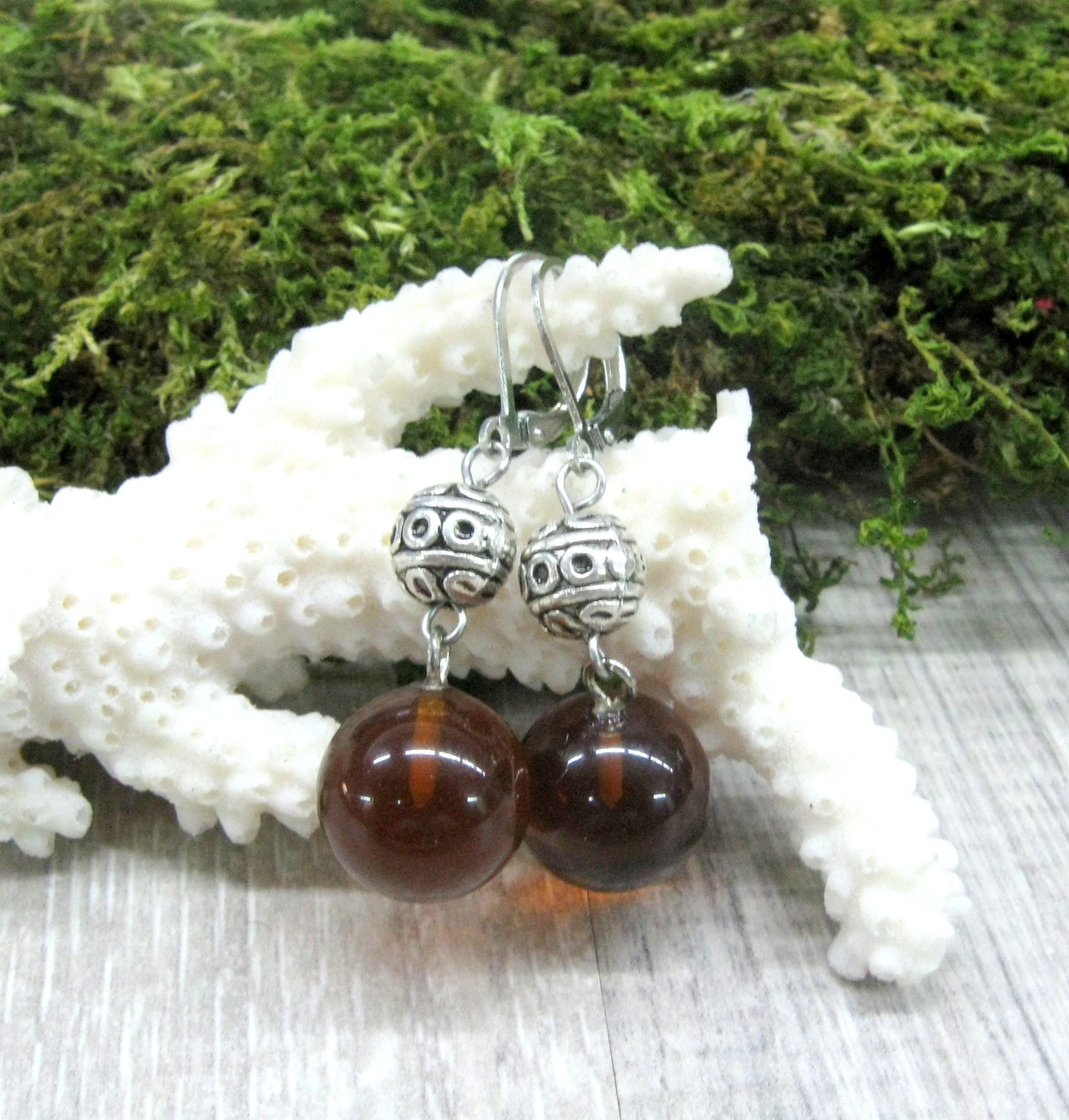 Natural Baltic Amber Round Drop Earrings, Silver Ball Dangling Earrings, Christmas Gift, Brown Amber Jewelry 5 Natural Baltic Amber Round Drop Earrings, Silver Ball Dangling Earrings, Christmas Gift, Brown Amber Jewelry - Image 3