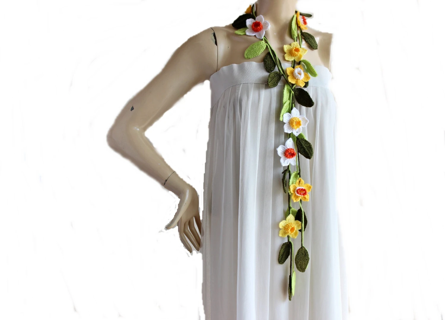 Daffodil Necklace- Crochet Lariat Scarf- Flower Lariat Scarf-Yellow,White ,Orange Daffodil/Jonquil/Narcissus Scarf-christmas Gift 5 Daffodil Necklace- Crochet Lariat Scarf- Flower Lariat Scarf-Yellow,White ,Orange Daffodil/Jonquil/Narcissus Scarf-christmas Gift - Image 3