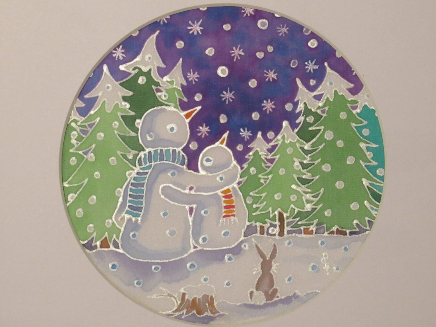 Silk Painting, Original Silk Art, Snowman And Child, Christmas Art, Winter, Festive Art, Wall Art, Children's Art, Home Decor, White, Silver 4 Silk Painting, Original Silk Art, Snowman And Child, Christmas Art, Winter, Festive Art, Wall Art, Children's Art, Home Decor, White, Silver - Image 2