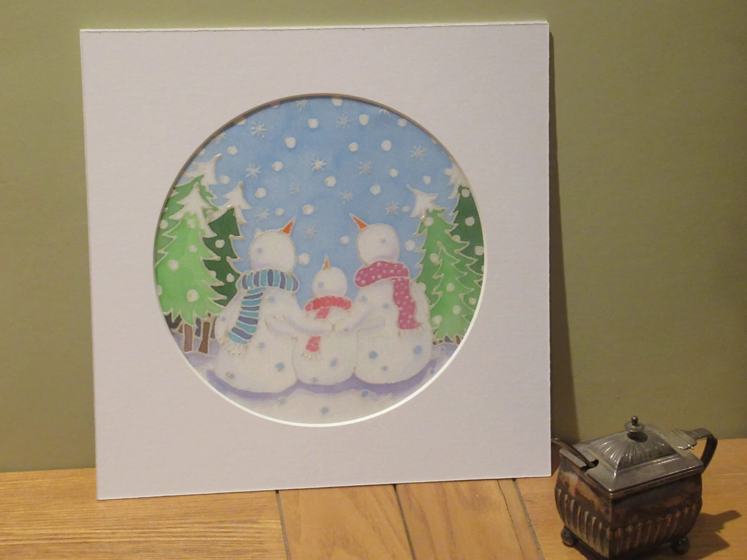 Silk Painting, Original Silk Art, 2 Snowmen And Child, Christmas Art, Winter, Festive Art, Wall Art, Children's Art, Home Decor, White, Blue 5 Silk Painting, Original Silk Art, 2 Snowmen And Child, Christmas Art, Winter, Festive Art, Wall Art, Children's Art, Home Decor, White, Blue - Image 3