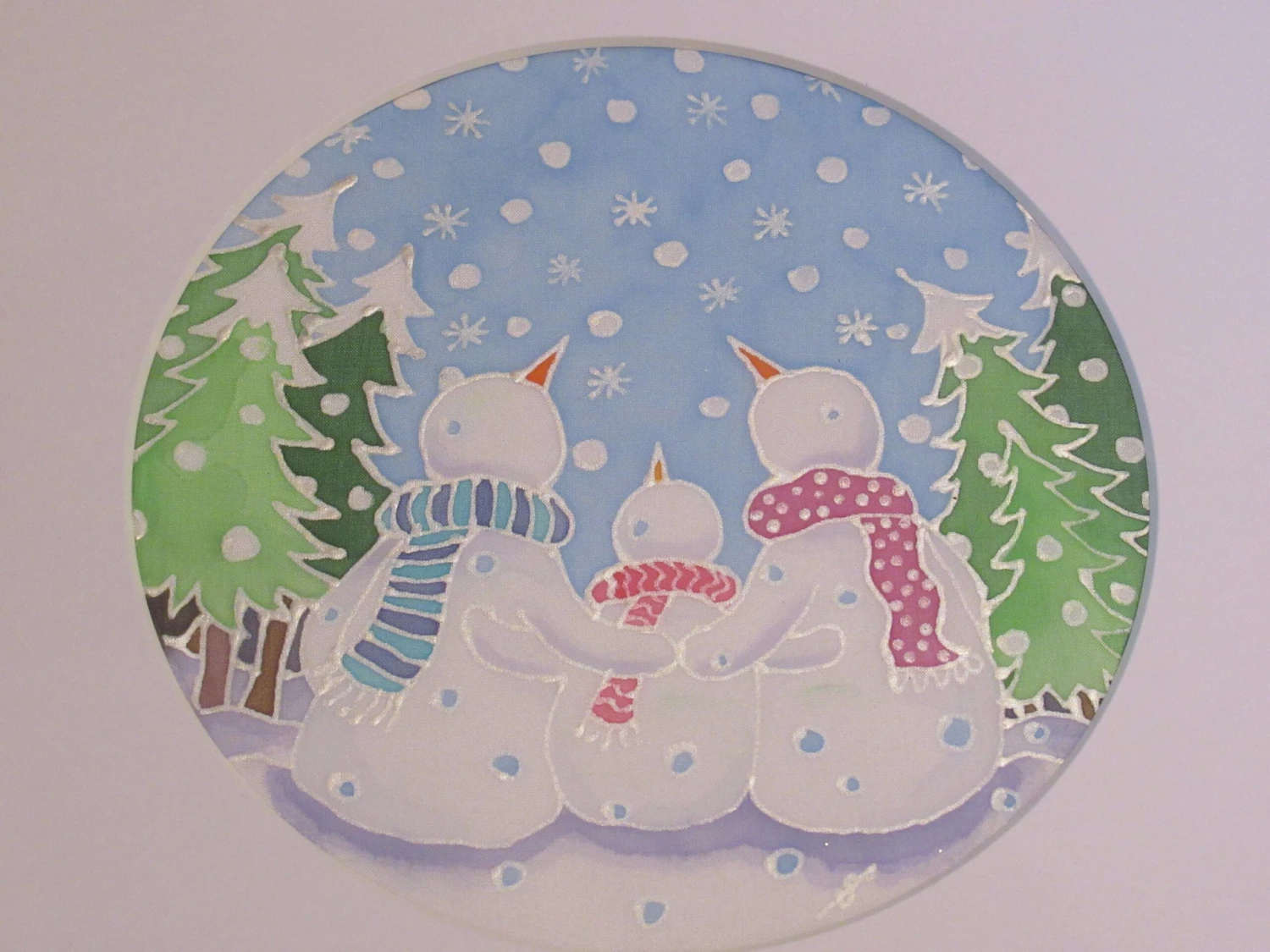 Silk Painting, Original Silk Art, 2 Snowmen And Child, Christmas Art, Winter, Festive Art, Wall Art, Children's Art, Home Decor, White, Blue 4 Silk Painting, Original Silk Art, 2 Snowmen And Child, Christmas Art, Winter, Festive Art, Wall Art, Children's Art, Home Decor, White, Blue - Image 2