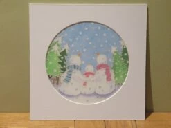 Silk Painting, Original Silk Art, 2 Snowmen And Child, Christmas Art, Winter, Festive Art, Wall Art, Children's Art, Home Decor, White, Blue