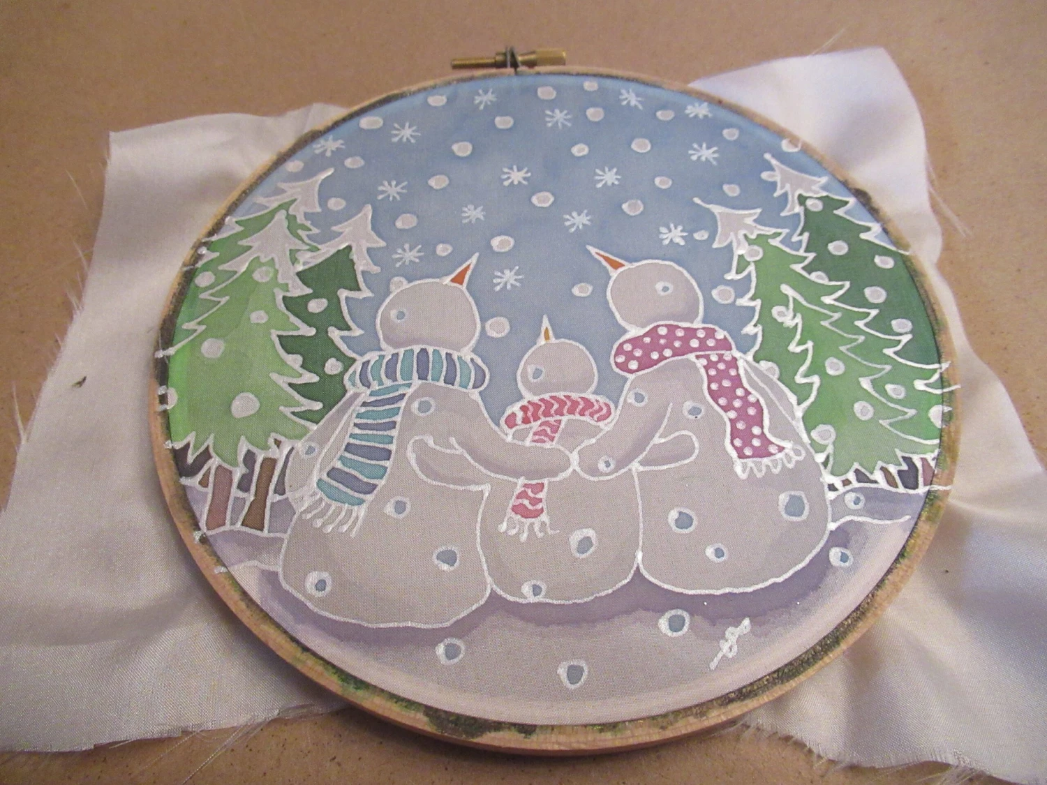 Silk Painting, Original Silk Art, 2 Snowmen And Child, Christmas Art, Winter, Festive Art, Wall Art, Children's Art, Home Decor, White, Blue 12 Silk Painting, Original Silk Art, 2 Snowmen And Child, Christmas Art, Winter, Festive Art, Wall Art, Children's Art, Home Decor, White, Blue - Image 10