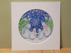 Silk Painting, Original Silk Art, Snowman Family, Christmas Art, Winter, Festive Artwork, Wall Art, Children's Art, Home Decor, White, Blue
