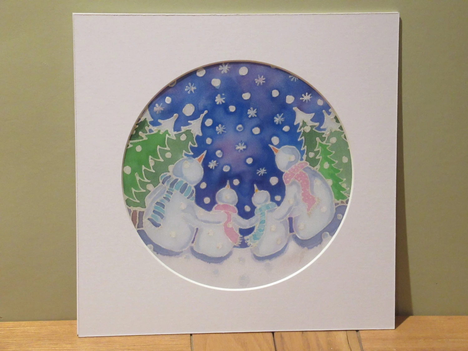 Silk Painting, Original Silk Art, Snowman Family, Christmas Art, Winter, Festive Artwork, Wall Art, Children's Art, Home Decor, White, Blue 3 Silk Painting, Original Silk Art, Snowman Family, Christmas Art, Winter, Festive Artwork, Wall Art, Children's Art, Home Decor, White, Blue
