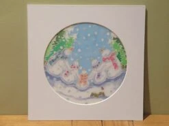 Silk Painting, Original Silk Art, Family Of Snowmen, Christmas Art, Winter, Festive Artwork, Children's Wall Art, Home Decor, White, Blue