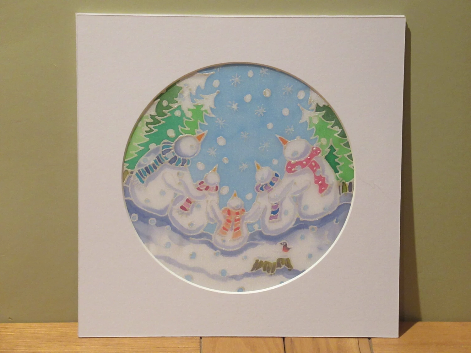 Silk Painting, Original Silk Art, Family Of Snowmen, Christmas Art, Winter, Festive Artwork, Children's Wall Art, Home Decor, White, Blue 3 Silk Painting, Original Silk Art, Family Of Snowmen, Christmas Art, Winter, Festive Artwork, Children's Wall Art, Home Decor, White, Blue