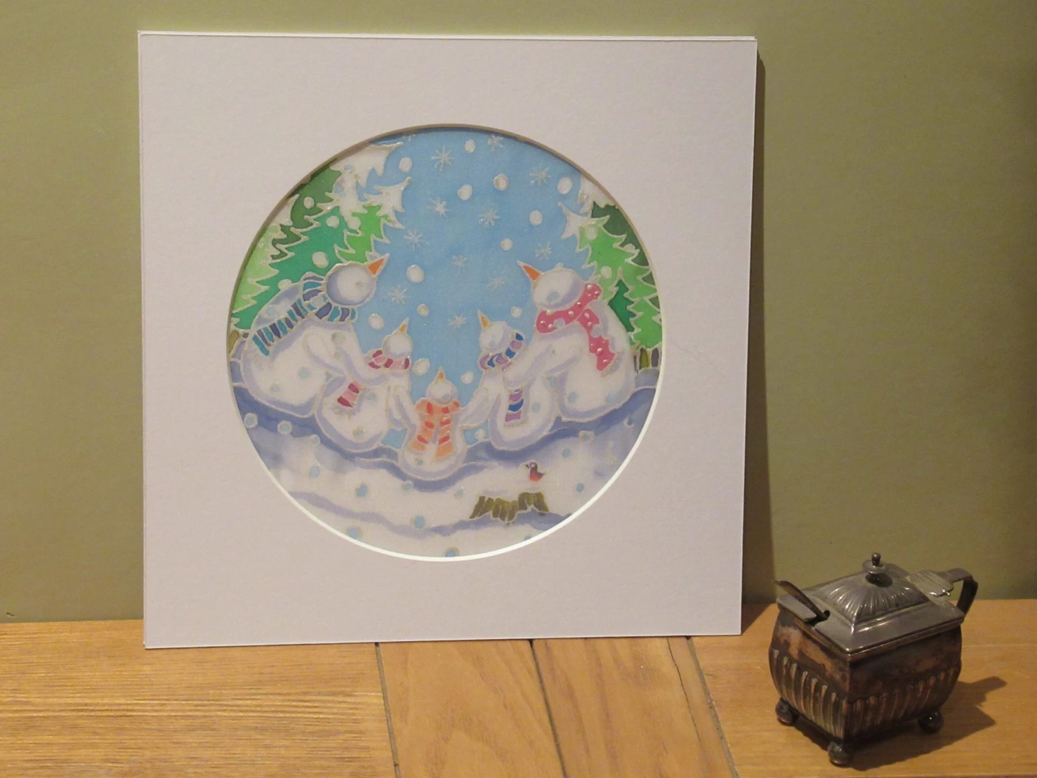 Silk Painting, Original Silk Art, Family Of Snowmen, Christmas Art, Winter, Festive Artwork, Children's Wall Art, Home Decor, White, Blue 5 Silk Painting, Original Silk Art, Family Of Snowmen, Christmas Art, Winter, Festive Artwork, Children's Wall Art, Home Decor, White, Blue - Image 3