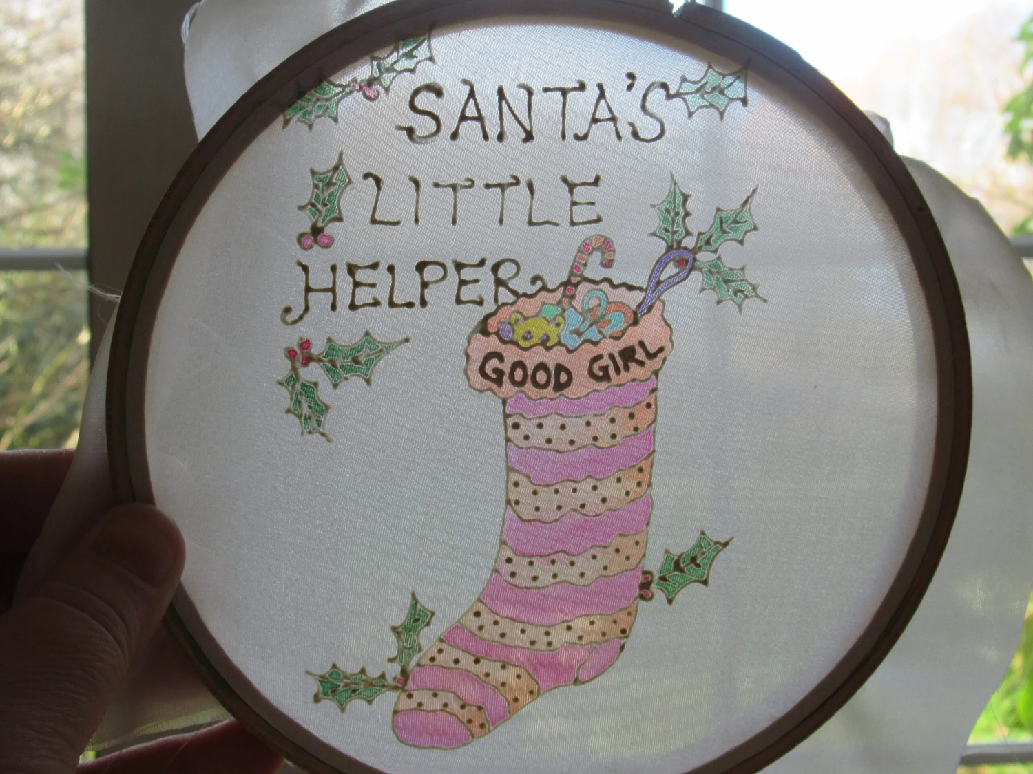 Silk Painting, Original Silk Art, Good Girl Stocking, Santa's Little Helper, Christmas Art, Baby's 1st Xmas, Girl's Gift, Pink, Nursery Art. 11 Silk Painting, Original Silk Art, Good Girl Stocking, Santa's Little Helper, Christmas Art, Baby's 1st Xmas, Girl's Gift, Pink, Nursery Art. - Image 9