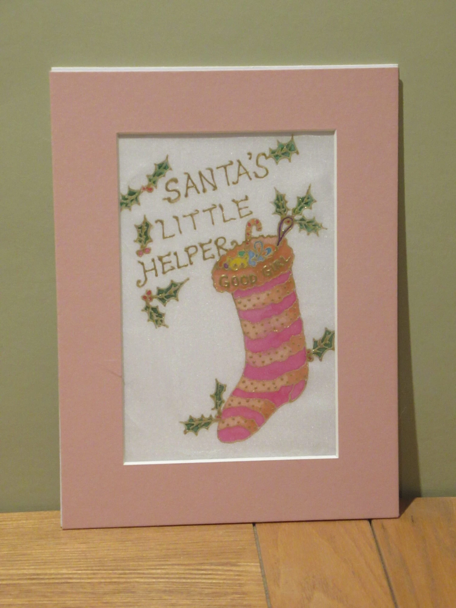 Silk Painting, Original Silk Art, Good Girl Stocking, Santa's Little Helper, Christmas Art, Baby's 1st Xmas, Girl's Gift, Pink, Nursery Art. 6 Silk Painting, Original Silk Art, Good Girl Stocking, Santa's Little Helper, Christmas Art, Baby's 1st Xmas, Girl's Gift, Pink, Nursery Art. - Image 4