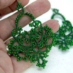 Emerald Green Chandelier Earrings, Tatted Earrings For Women, Sparkly Lace Earrings, Unique Christmas Gifts For Girlfriend