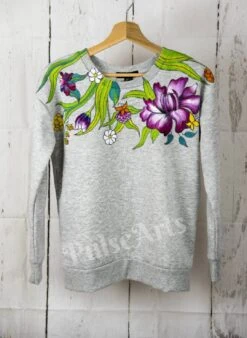 Custom Painted Sweatshirt Grey Women's Sweatshirt With Colorful Flowers Wearable Art Winter Clothing Gift For Her Christmas Gift Jumper