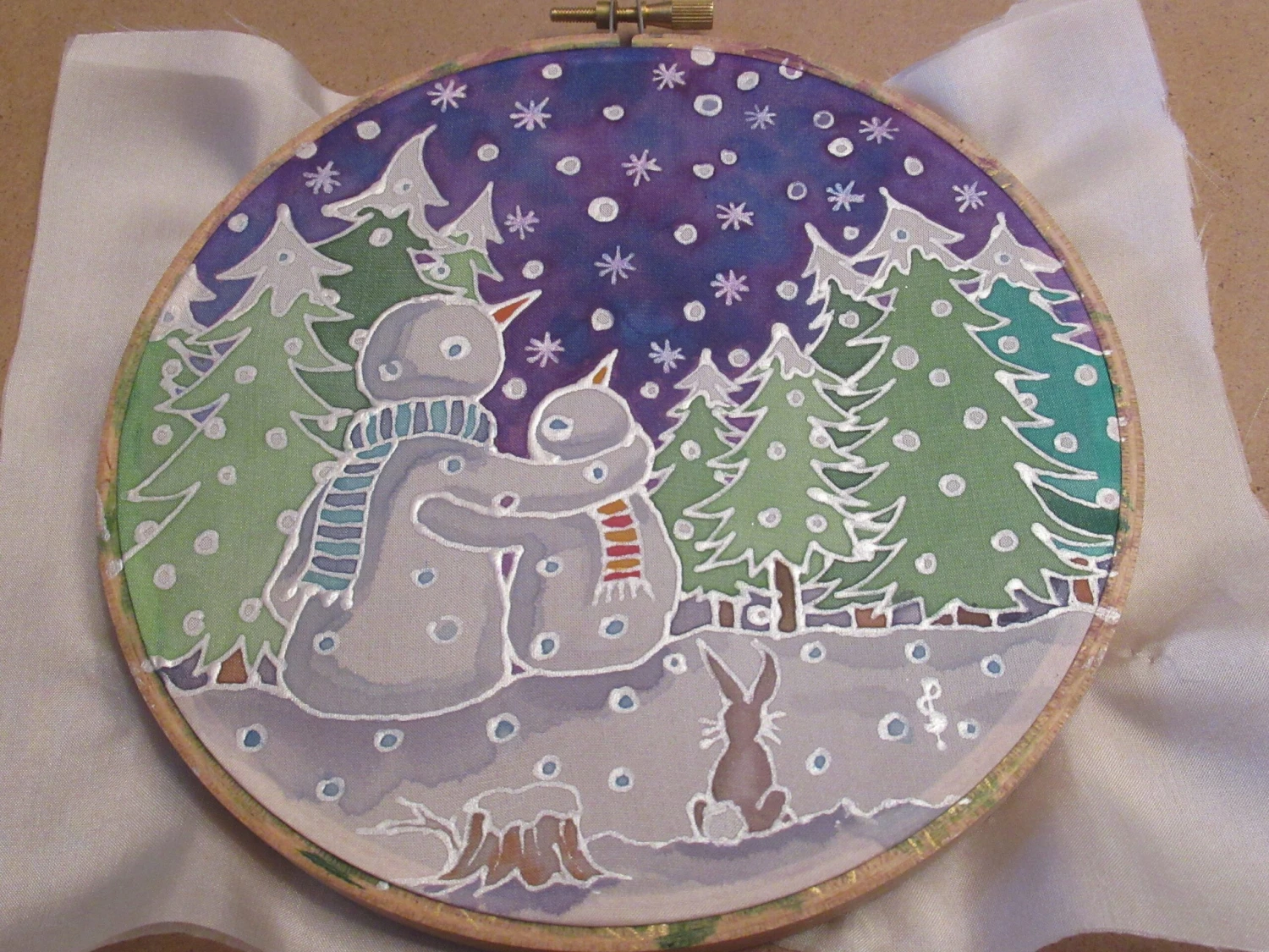 Silk Painting, Original Silk Art, Snowman And Child, Christmas Art, Winter, Festive Art, Wall Art, Children's Art, Home Decor, White, Silver 10 Silk Painting, Original Silk Art, Snowman And Child, Christmas Art, Winter, Festive Art, Wall Art, Children's Art, Home Decor, White, Silver - Image 8