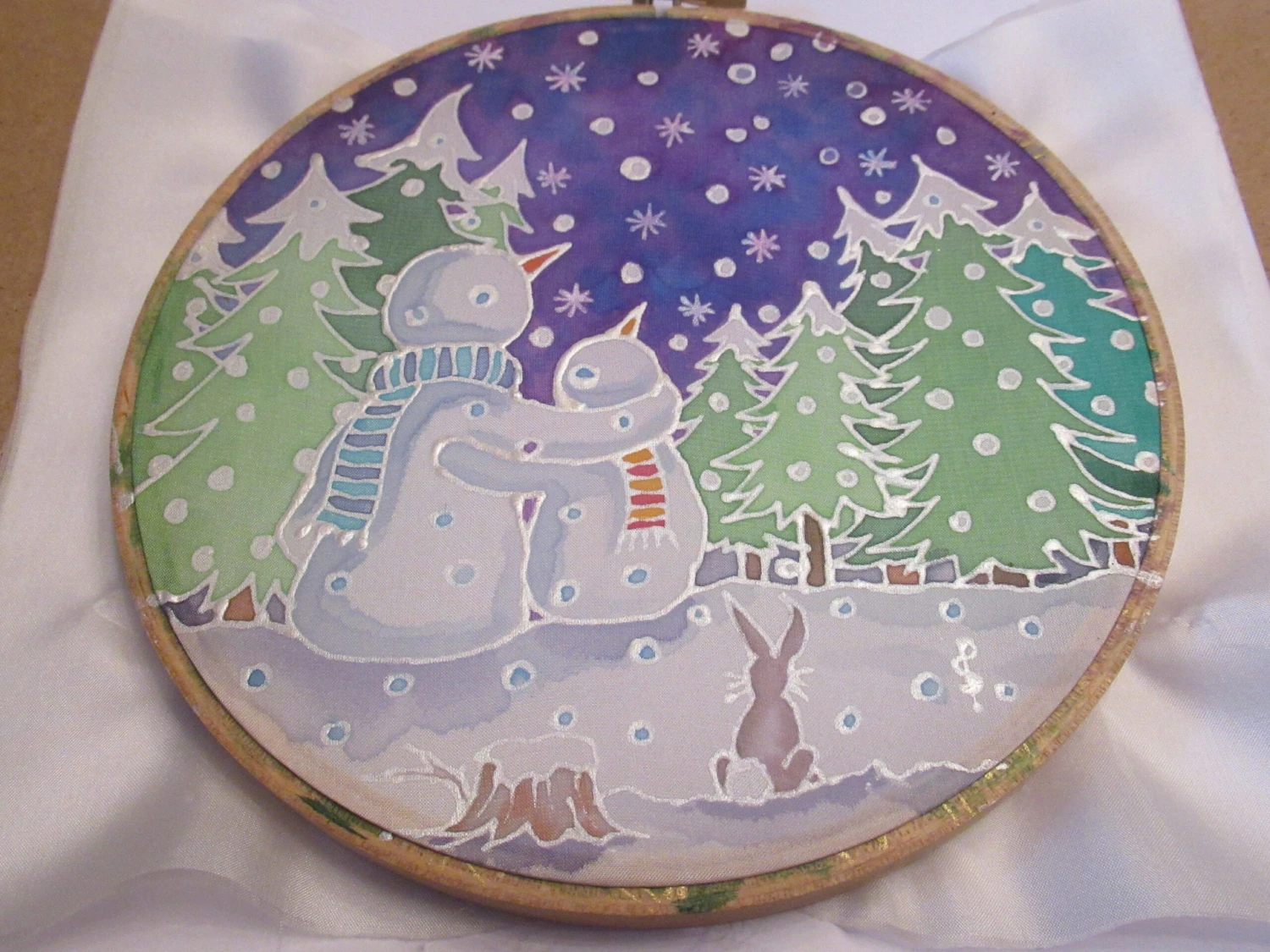 Silk Painting, Original Silk Art, Snowman And Child, Christmas Art, Winter, Festive Art, Wall Art, Children's Art, Home Decor, White, Silver 11 Silk Painting, Original Silk Art, Snowman And Child, Christmas Art, Winter, Festive Art, Wall Art, Children's Art, Home Decor, White, Silver - Image 9