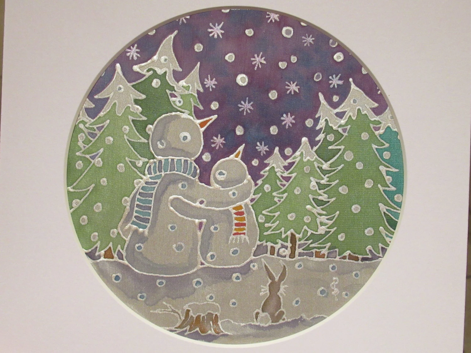 Silk Painting, Original Silk Art, Snowman And Child, Christmas Art, Winter, Festive Art, Wall Art, Children's Art, Home Decor, White, Silver 8 Silk Painting, Original Silk Art, Snowman And Child, Christmas Art, Winter, Festive Art, Wall Art, Children's Art, Home Decor, White, Silver - Image 6