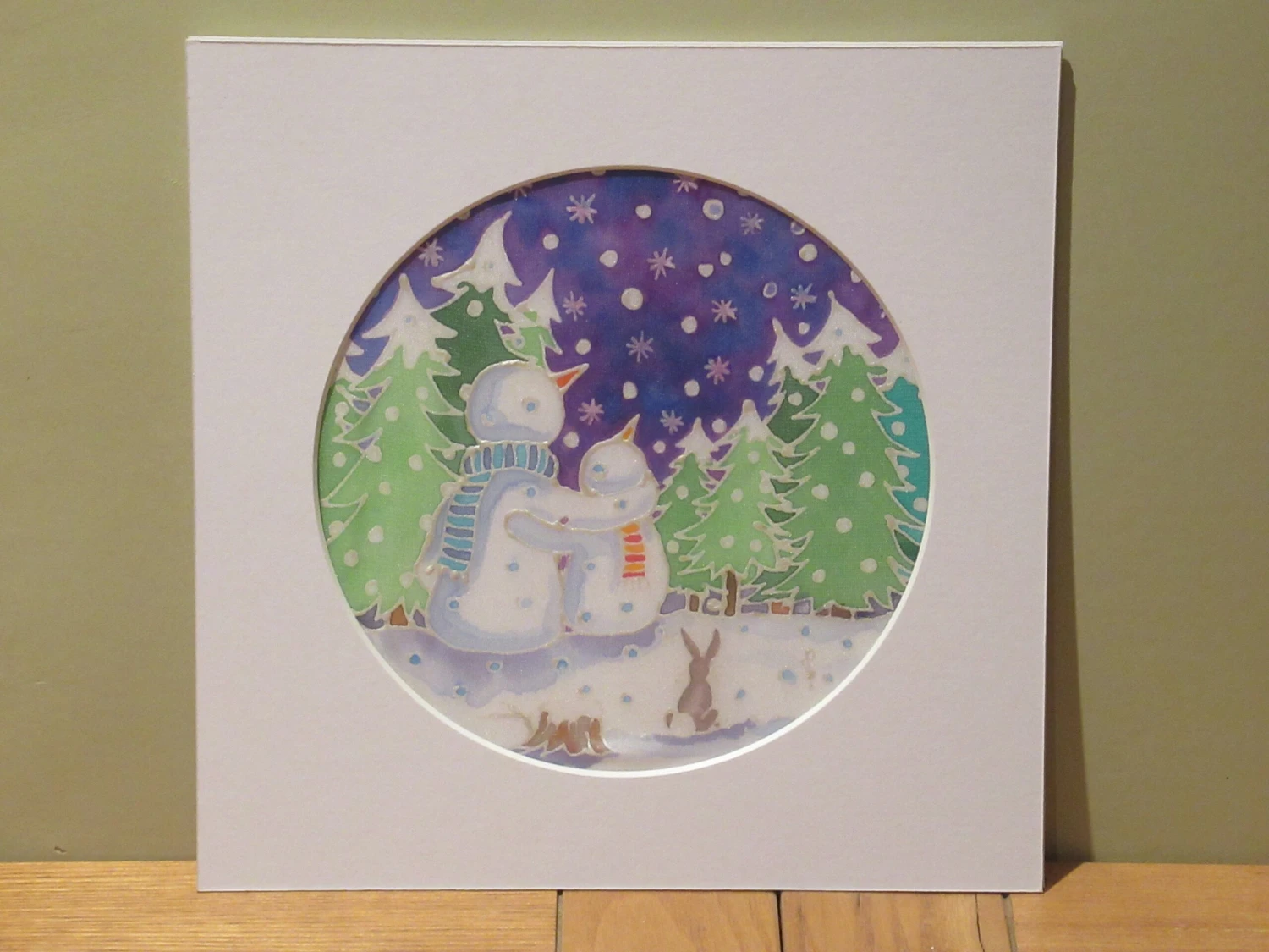 Silk Painting, Original Silk Art, Snowman And Child, Christmas Art, Winter, Festive Art, Wall Art, Children's Art, Home Decor, White, Silver 3 Silk Painting, Original Silk Art, Snowman And Child, Christmas Art, Winter, Festive Art, Wall Art, Children's Art, Home Decor, White, Silver