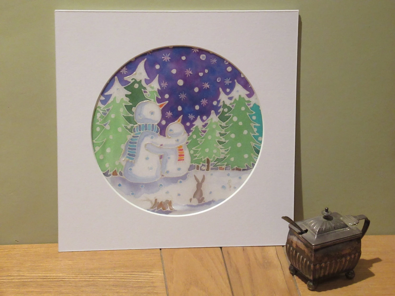 Silk Painting, Original Silk Art, Snowman And Child, Christmas Art, Winter, Festive Art, Wall Art, Children's Art, Home Decor, White, Silver 5 Silk Painting, Original Silk Art, Snowman And Child, Christmas Art, Winter, Festive Art, Wall Art, Children's Art, Home Decor, White, Silver - Image 3