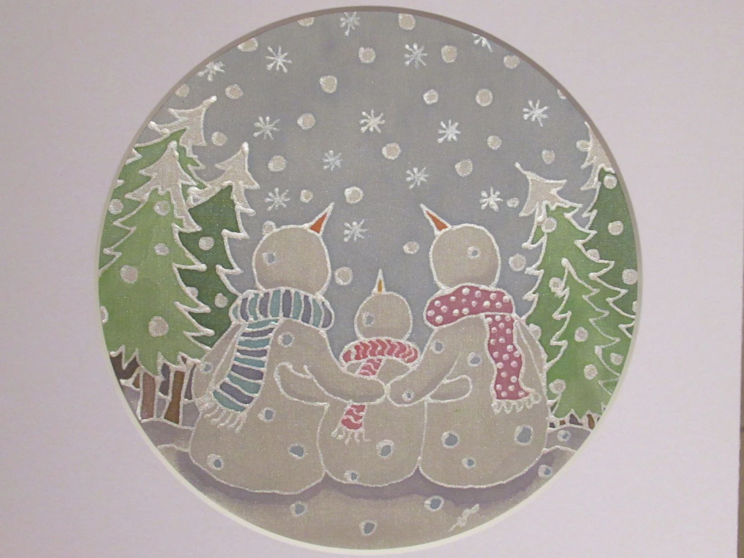 Silk Painting, Original Silk Art, 2 Snowmen And Child, Christmas Art, Winter, Festive Art, Wall Art, Children's Art, Home Decor, White, Blue 7 Silk Painting, Original Silk Art, 2 Snowmen And Child, Christmas Art, Winter, Festive Art, Wall Art, Children's Art, Home Decor, White, Blue - Image 5